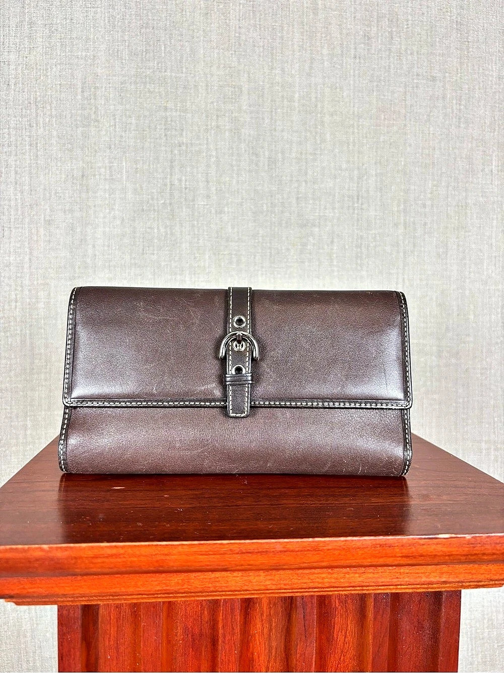 Coach Legacy Brown Leather Buckle Flap Trifold Wallet Signature C Lining